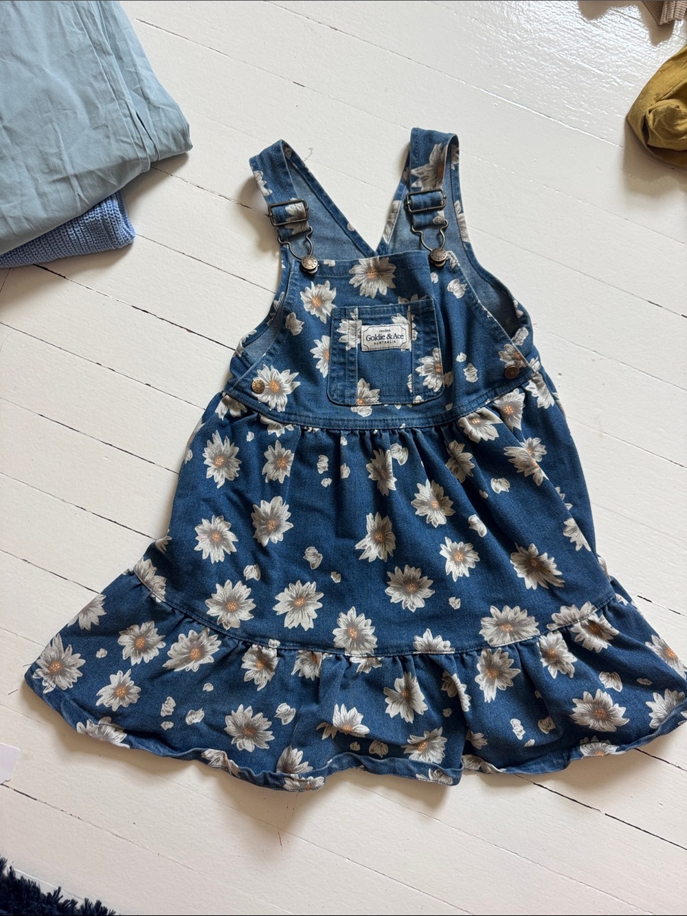 Goldie & Ace - Coolest label -Blue Daisy Overall Dress with Ruffle Hem